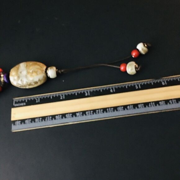 Tribal Boho Necklace Ceramic South West Leather Cord Red Blue Brown ooak 4419 - Picture 8 of 9